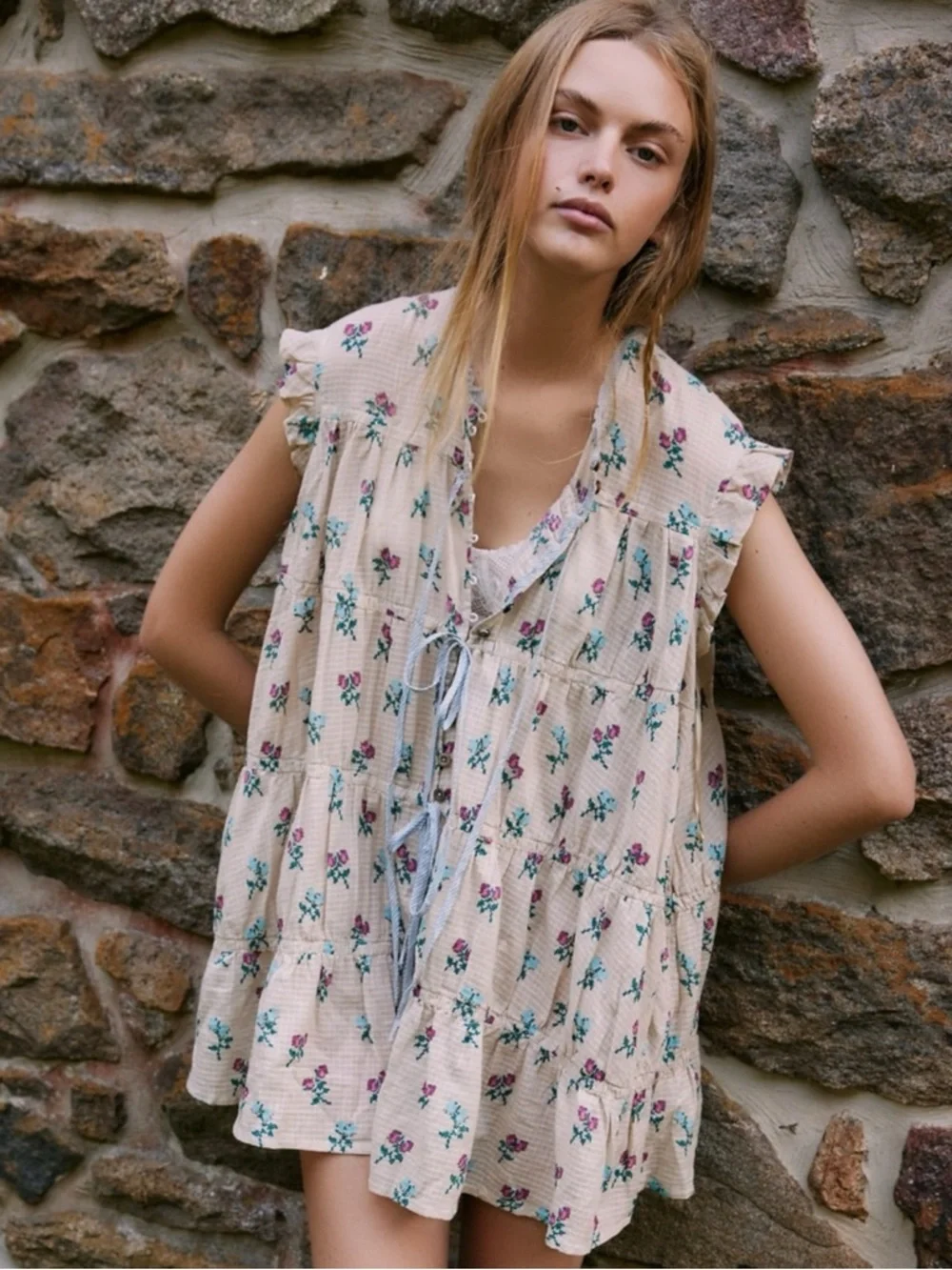 Free People Bohemian Prairie Sundown Mini Dress Tunic Top Ivory Combo Large - Picture 3 of 15